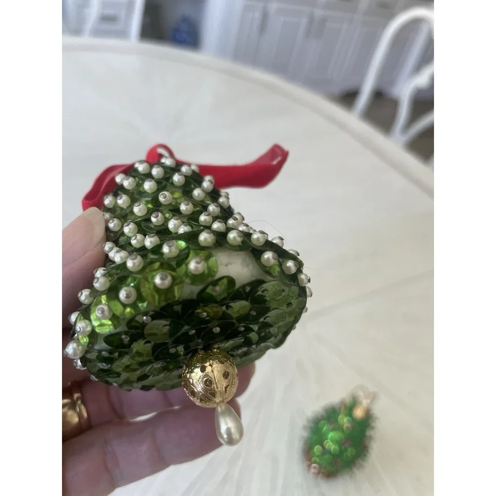 Vtg Holiday Handmade Beaded Sequined Christmas Ornaments Set  4 Tree Bells Ball